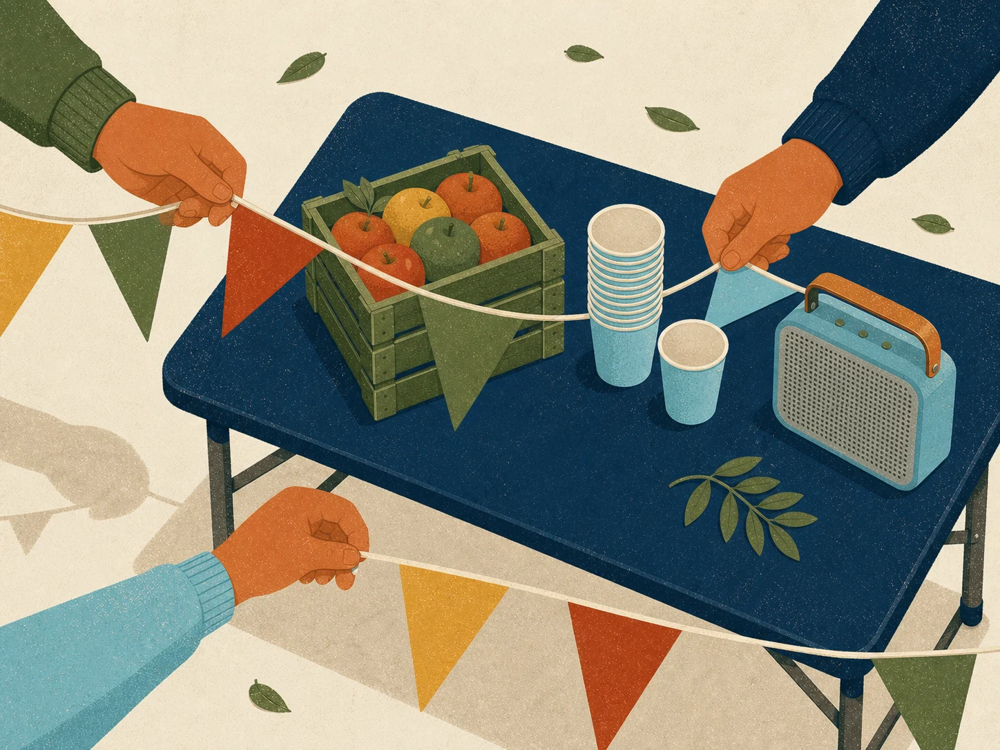 Illustration of volunteers setting up bunting, apples and refreshments for a community event