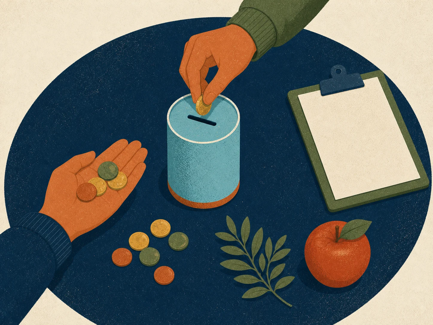 Illustration of volunteers collecting coins for local fundraising