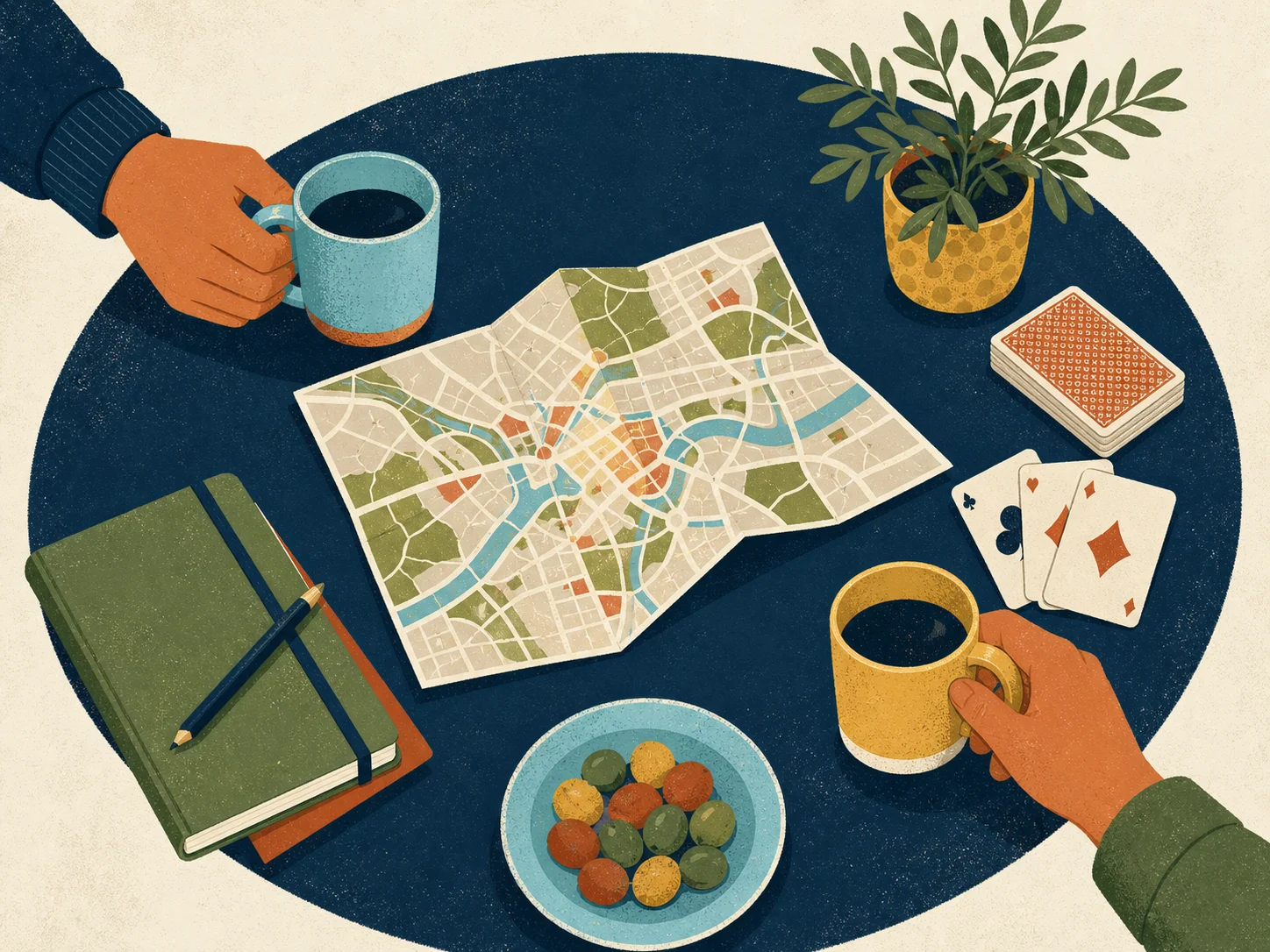 Illustration of members meeting around a table with mugs, a map, cards and a notebook
